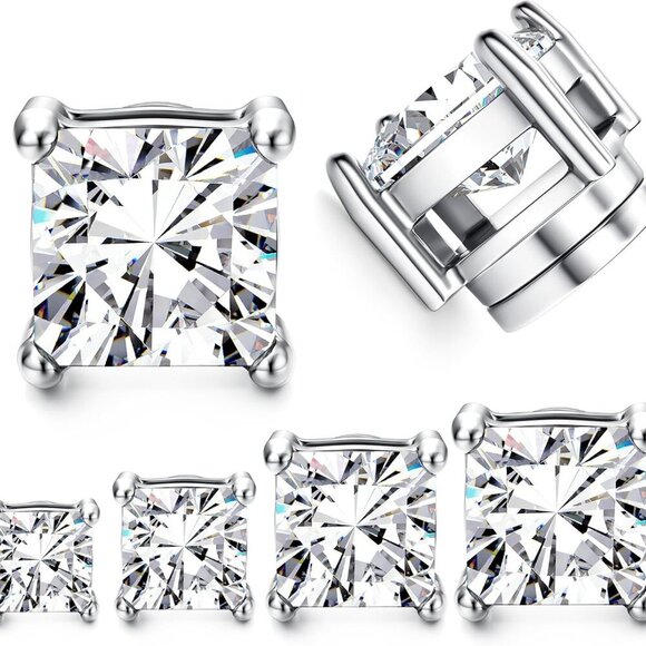 Elegant Silver Magnetic Cubic Zirconia Square Stud Earrings for Men & Women, 4-7 - Picture 7 of 7